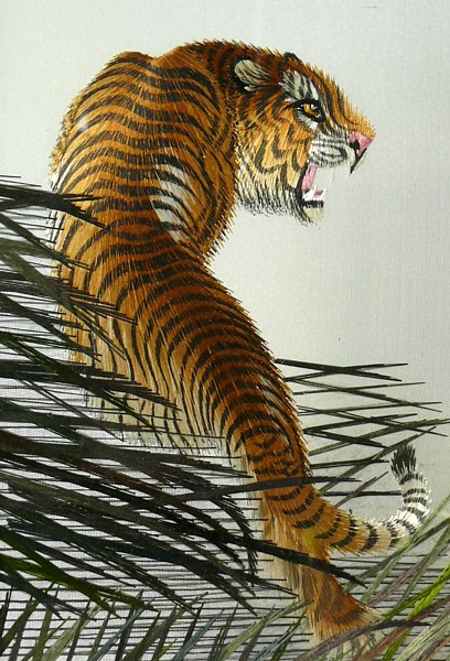 Тигр на охоте, деталь вышивки на шелковом экране