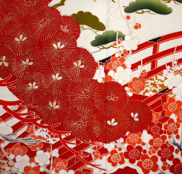 деталь авторского рисунка на японском антикварном кимоно