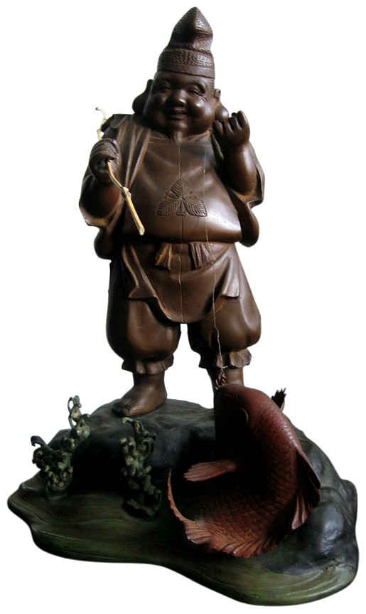 японский антиквариат: бронзовая фигура одного из Семи Богов Счастья Эбису, 1870-е гг., эпоха Мэйдзи