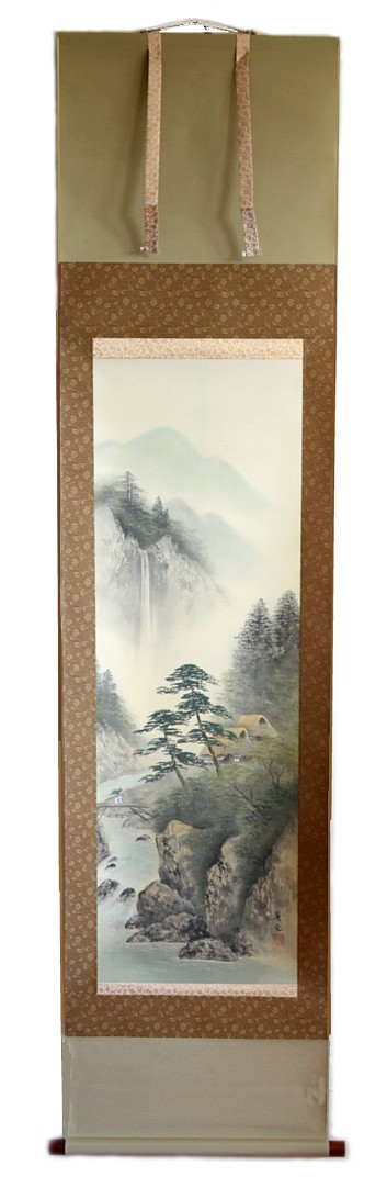 японская акварель на свитке Горный Пейзаж с мостиком, 1950-60-е гг.